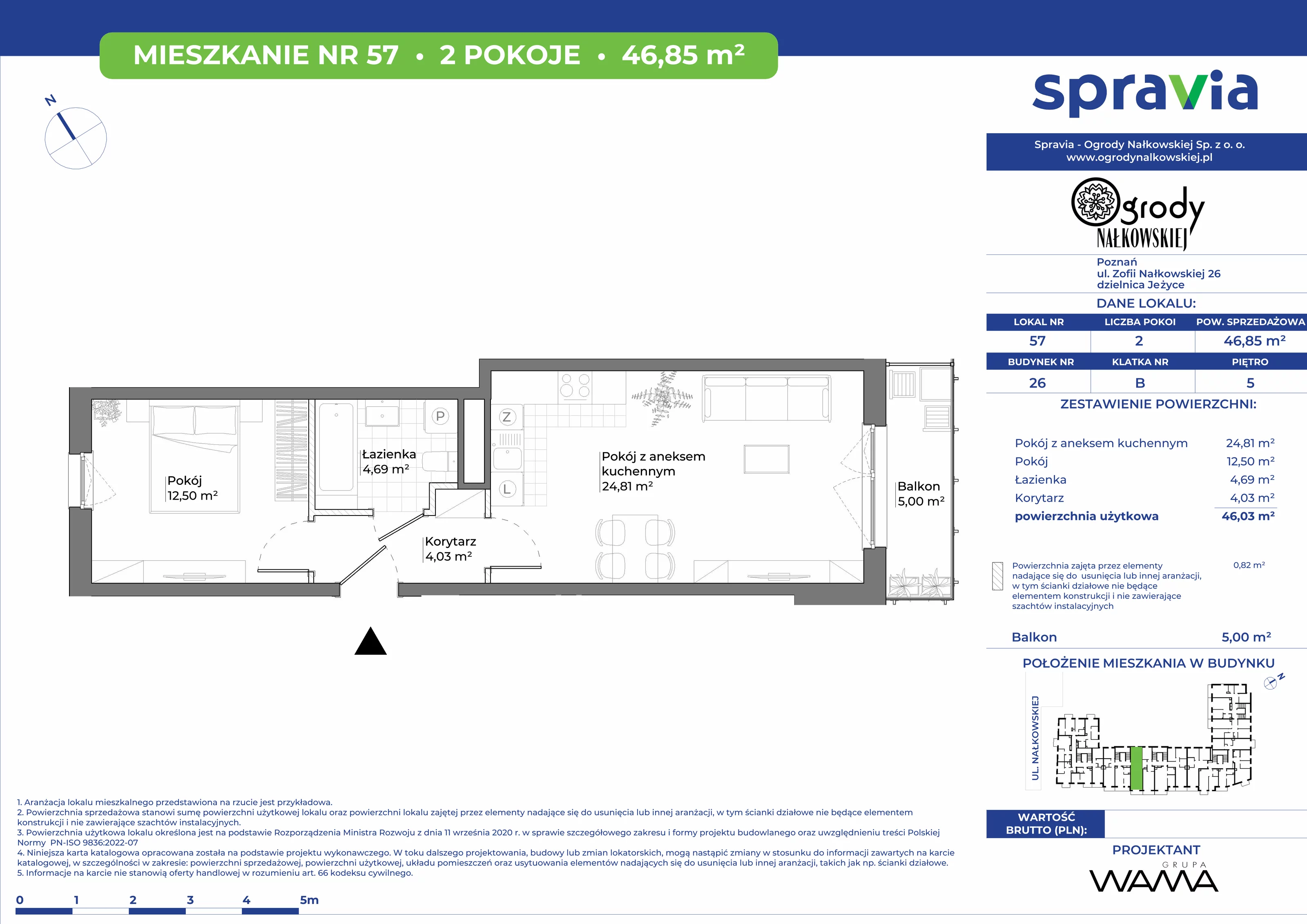 2 pokoje, mieszkanie 46,85 m², piętro 5, oferta nr 26-57, Ogrody Nałkowskiej, Poznań, Ogrody, ul. Nałkowskiej 24, 26